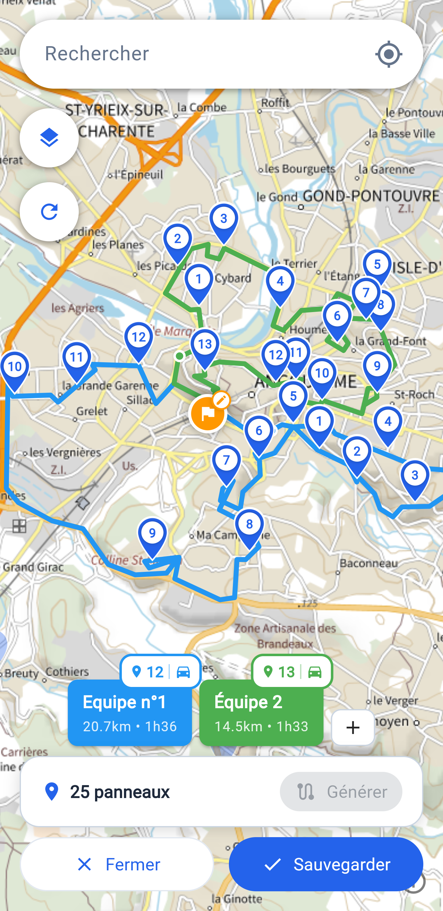 Vue carte avec les itinéraires optimisés par équipe dans Cocoricarte
