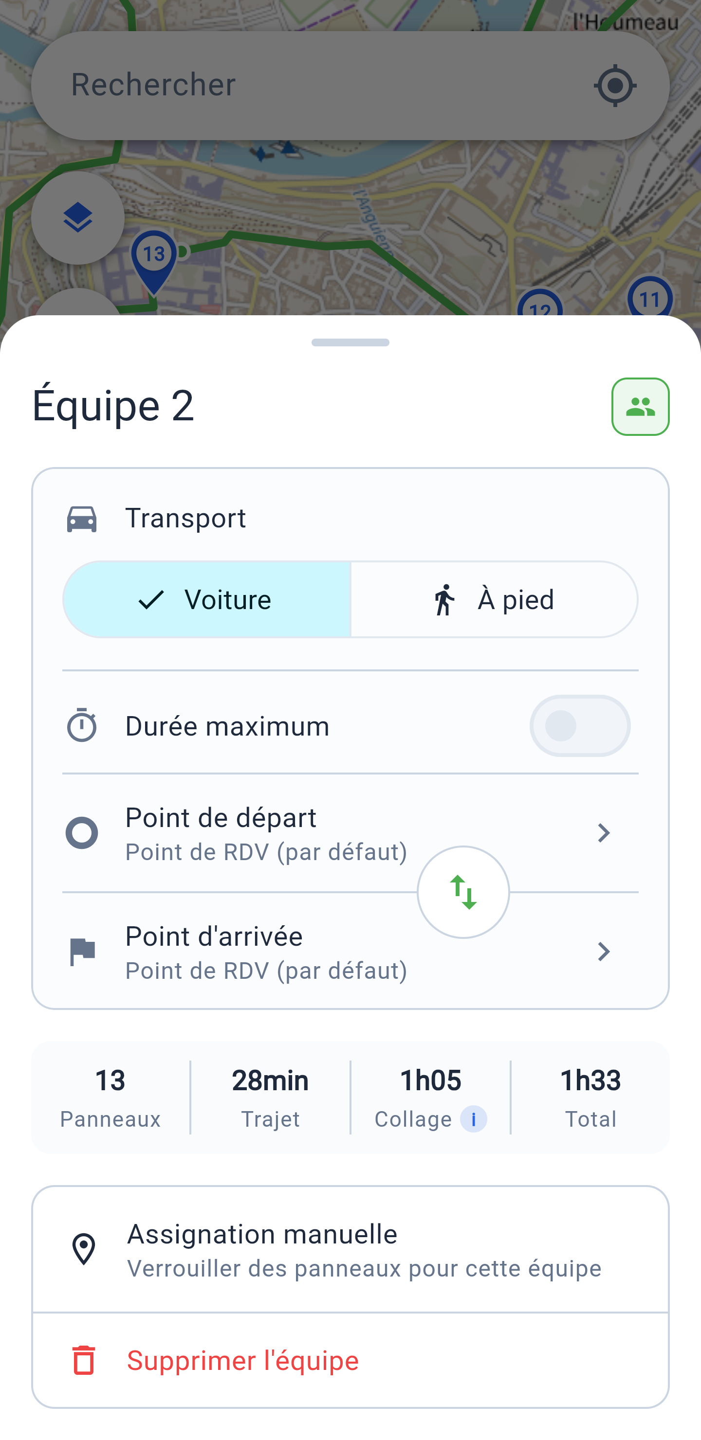 Configuration détaillée d'une équipe de collage