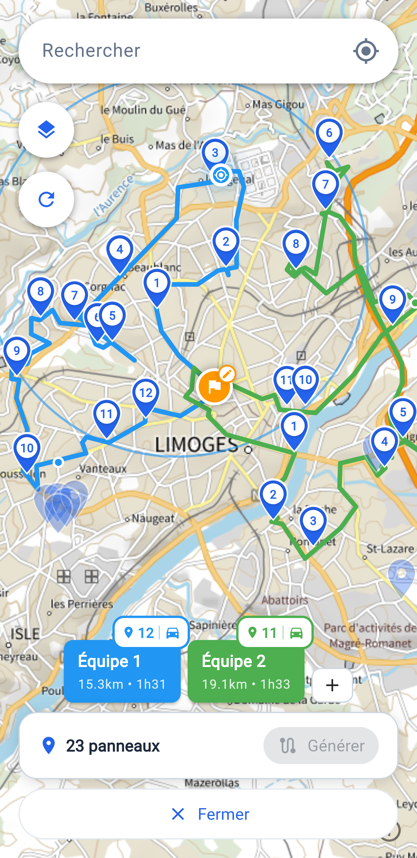 Carte avec itinéraires optimisés par équipe et panneaux sélectionnés