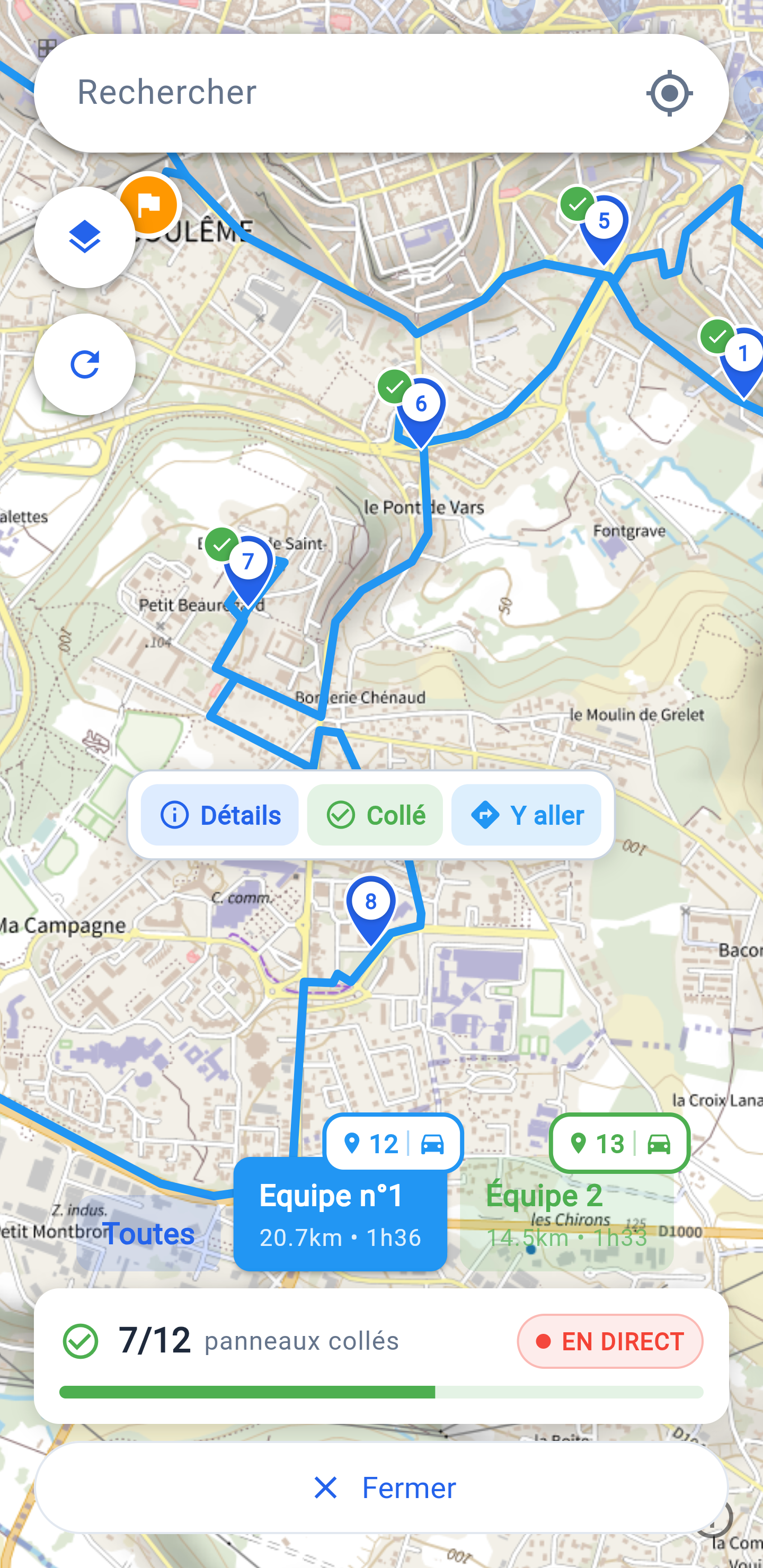 Suivi en direct d'une session de collage avec barre de progression